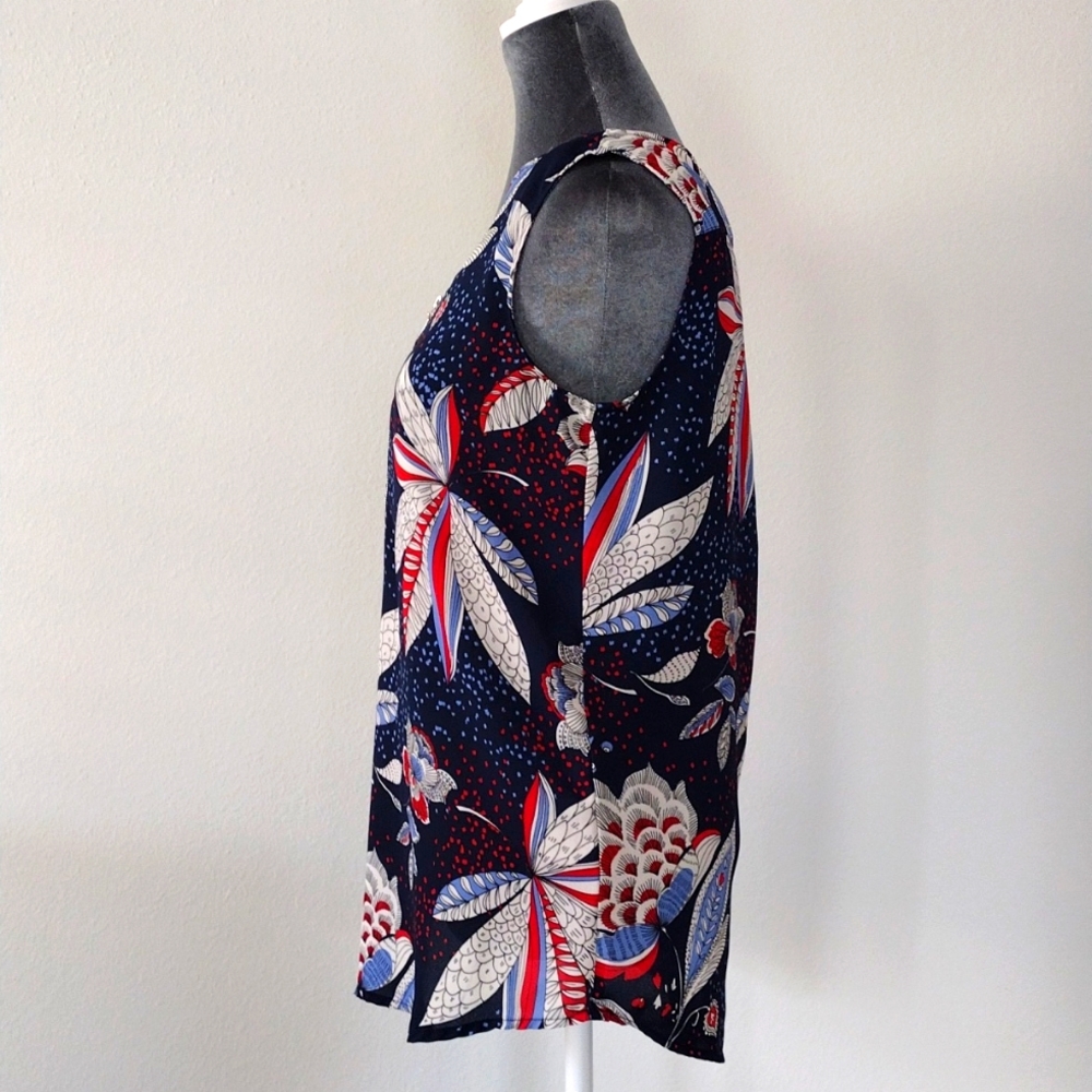 Roz Ali Floral Tank Top Zip V Neck Sleeveless Blouse Red White Blue Medium - Picture 8 of 9